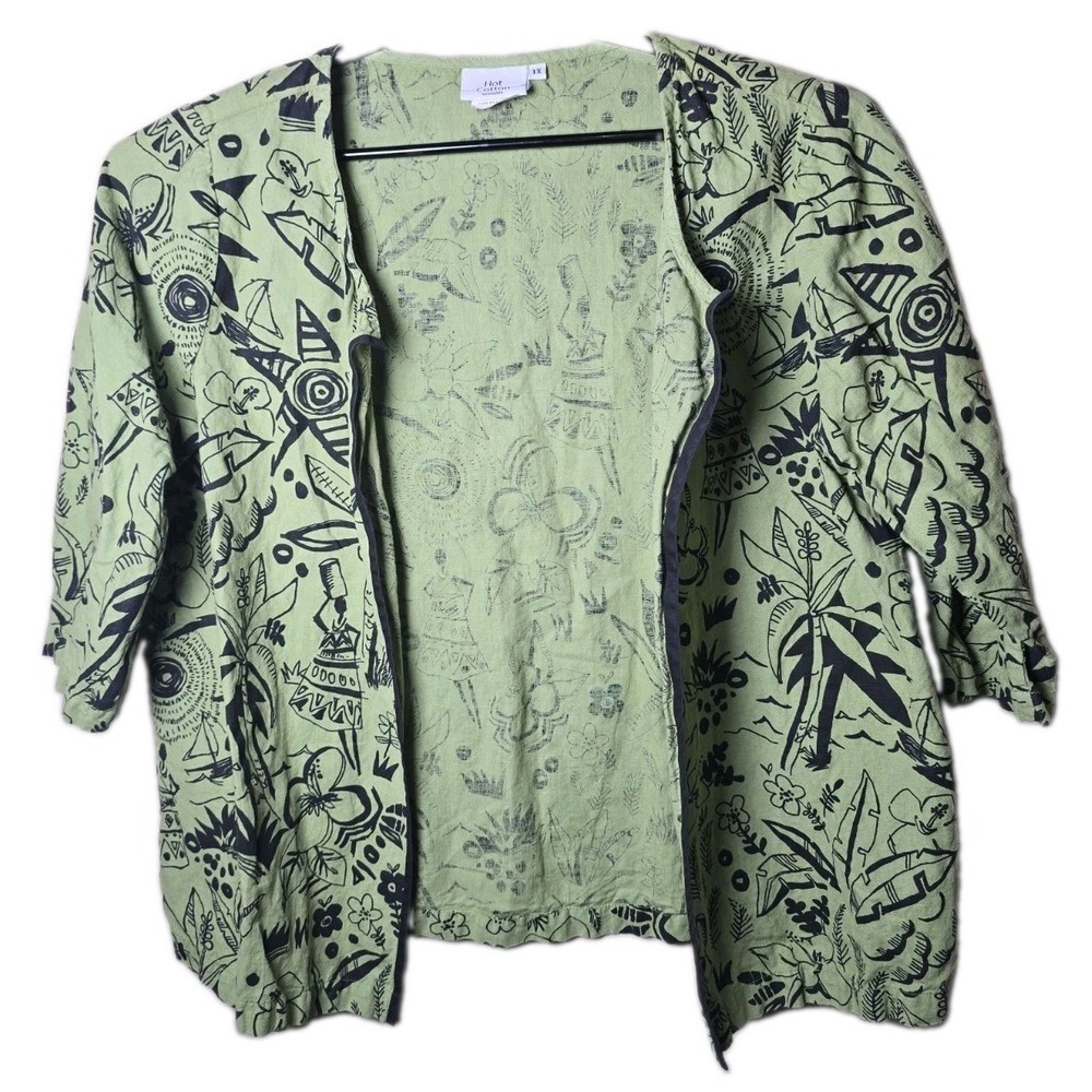 Hot Cotton Women's Open Front Green Shirt Linen Cotton Blend Size 1x Jacket t8